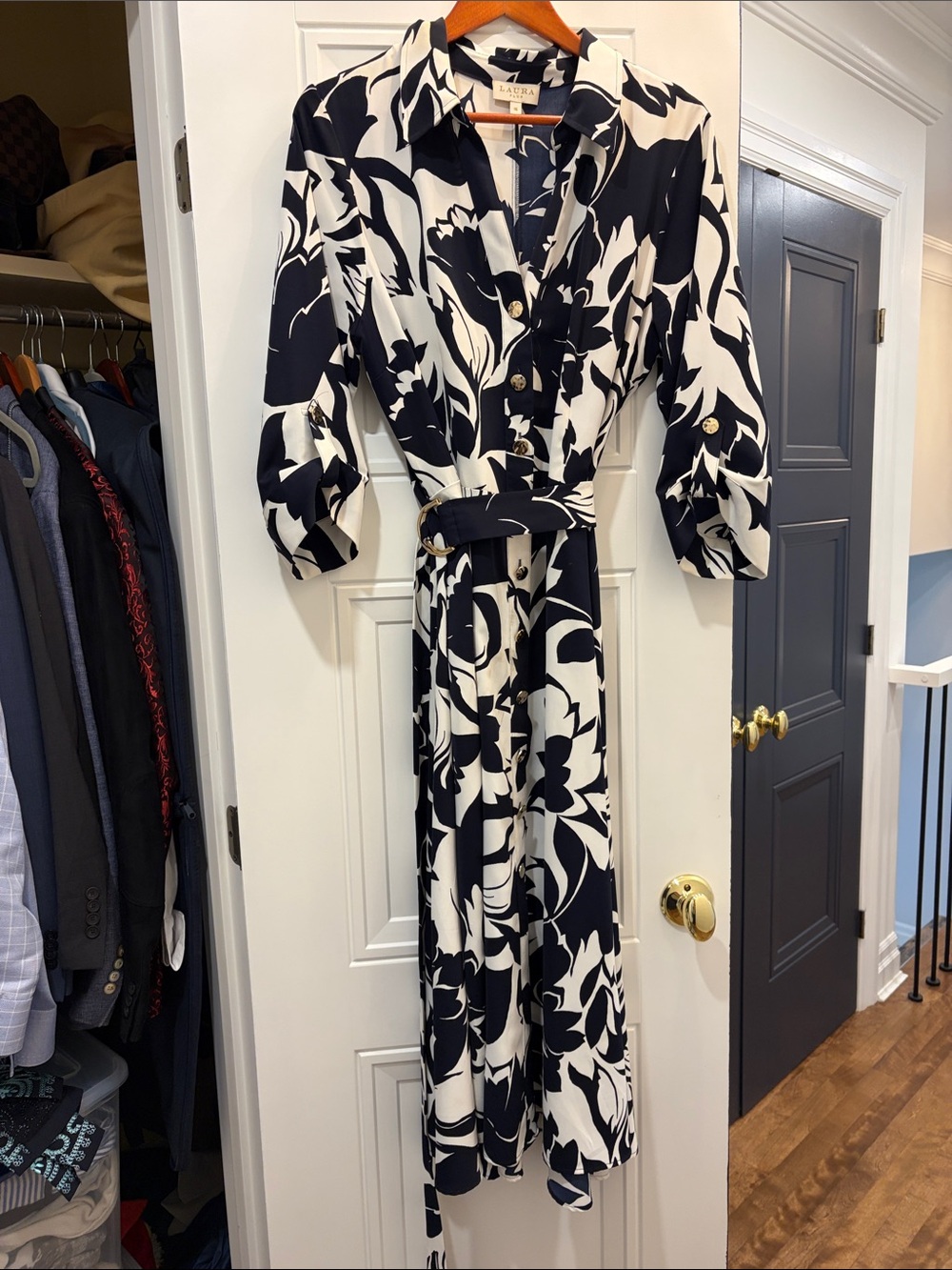 Laura Navy and White Floral Maxi Shirt Dress